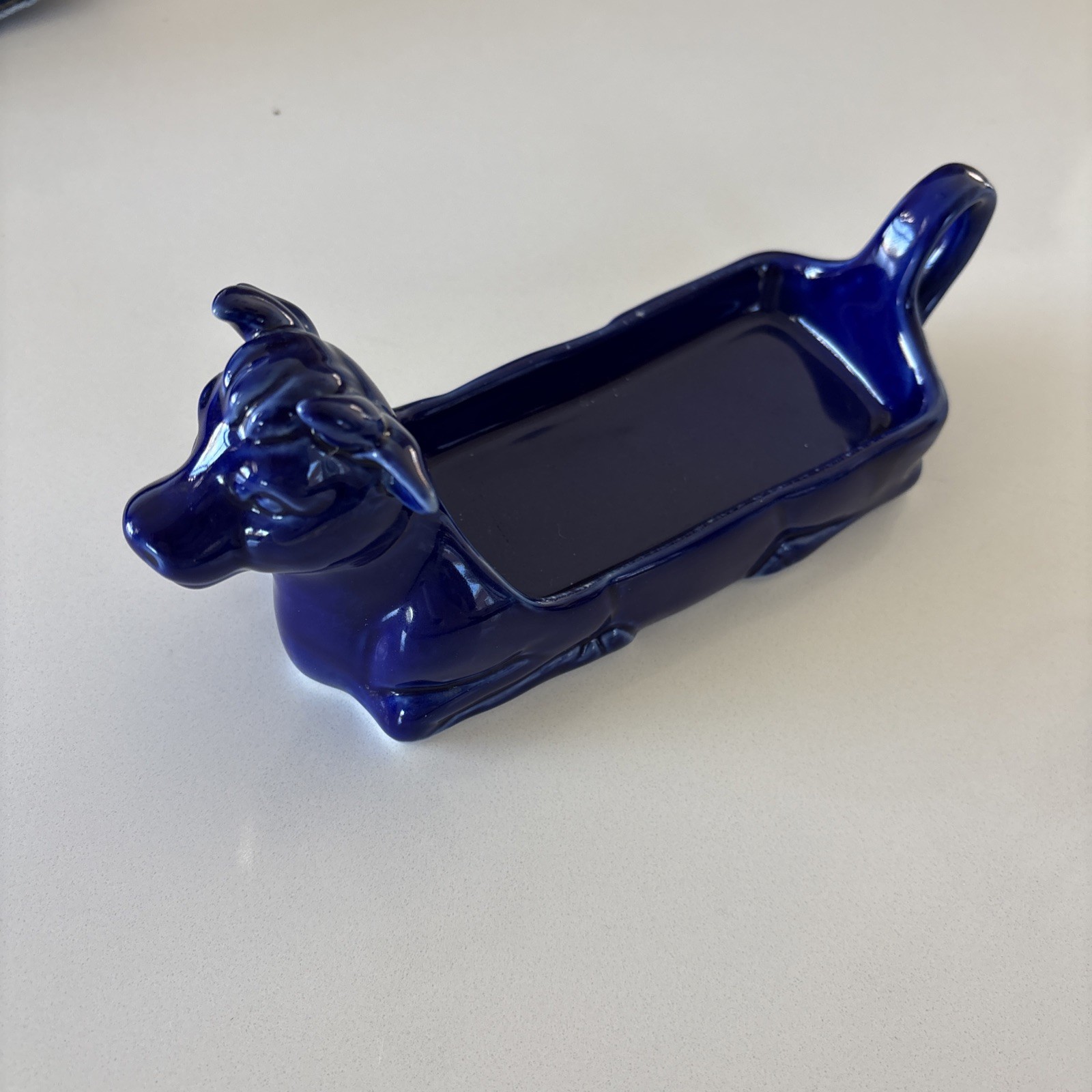 Vintage Cobalt Blue Ceramic Cow Butter Dish Farm Kitchen Decor 