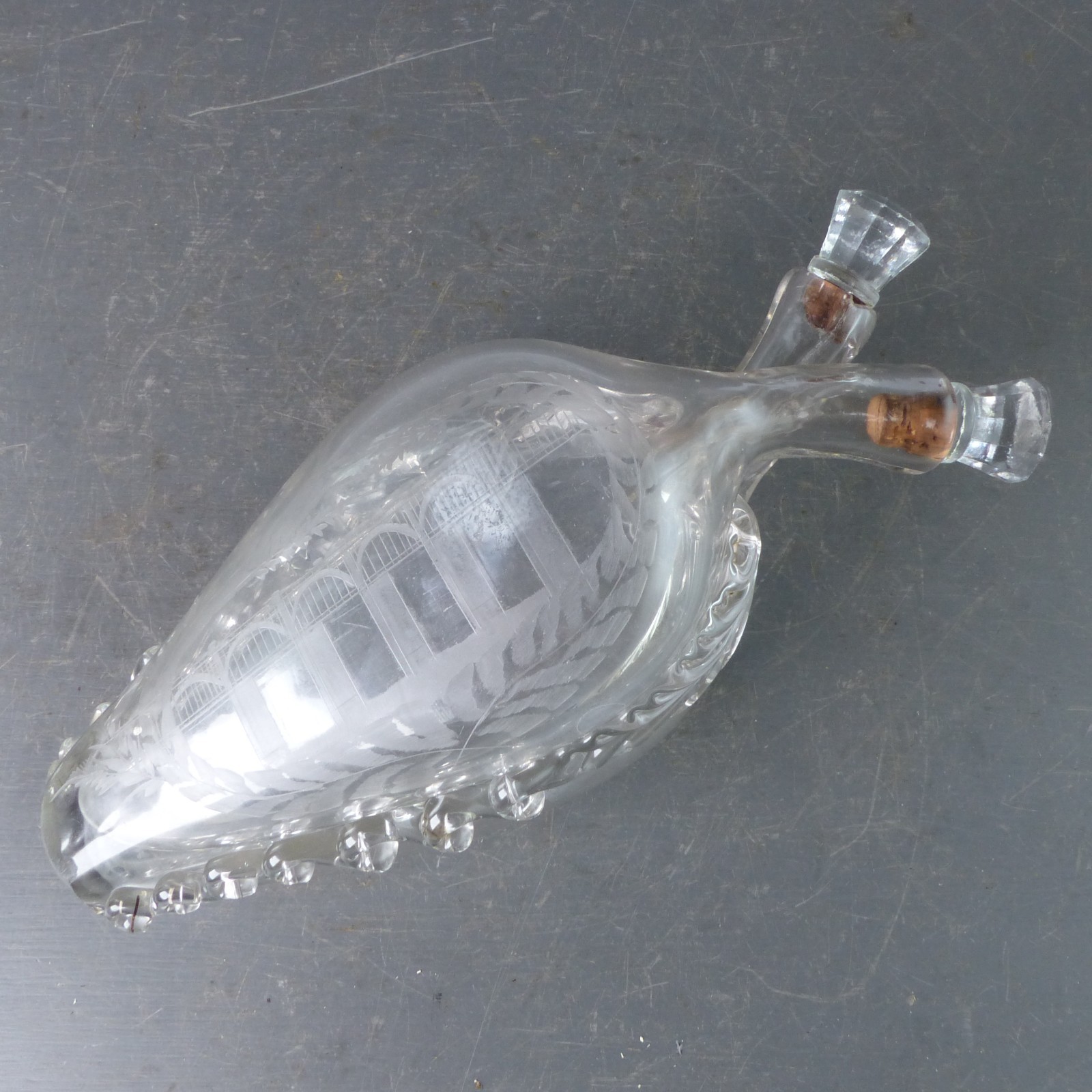 Antique Georgian Engraved Glass Gimmel Flask c1830