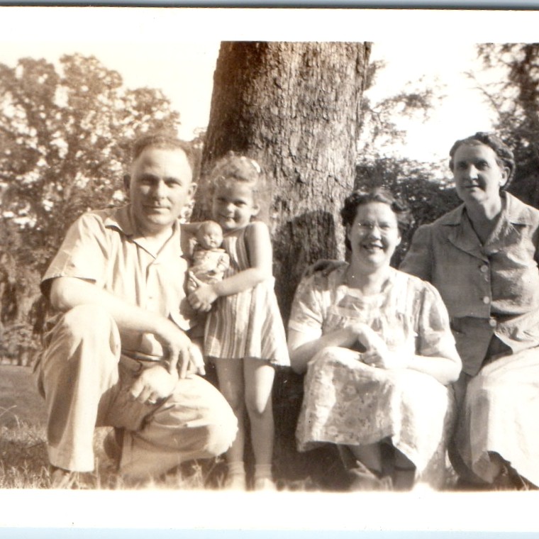 c1940s Family Snapshot Photo Cute Little Girl Doll Toy Man Women Tree Outdoors c1940s Family Snapshot Photo Cute Little Girl Doll Toy Man Women Tree Outdoors