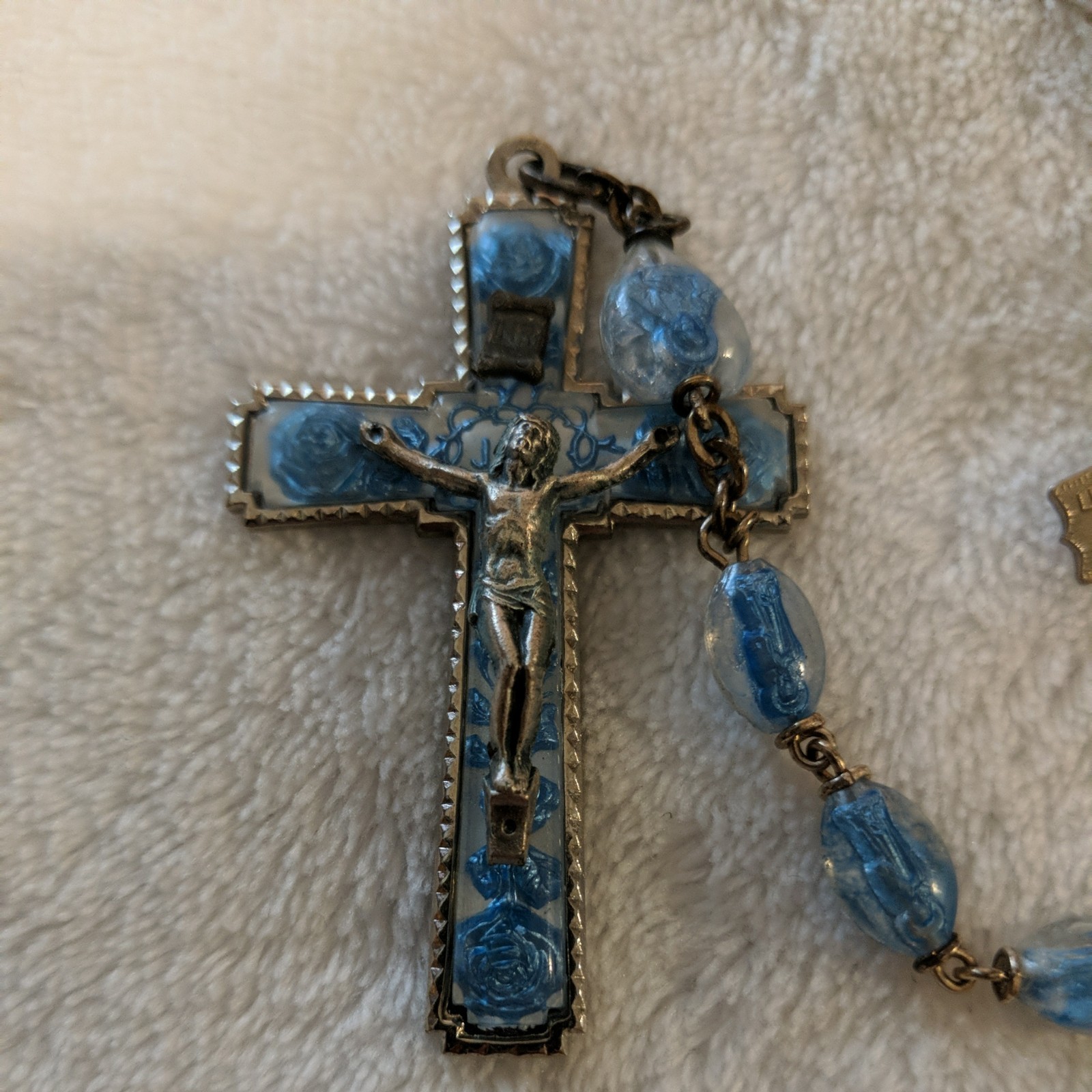 Vintage Lourdes lucite bubble Rosary Legatura Alpaca Enamel Crucifix