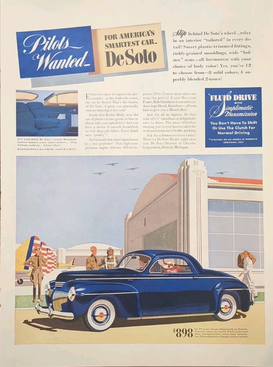 1941 DeSoto Blue Hardtop Vintage Sedan Illustration, Airport & Pilots Wanted 