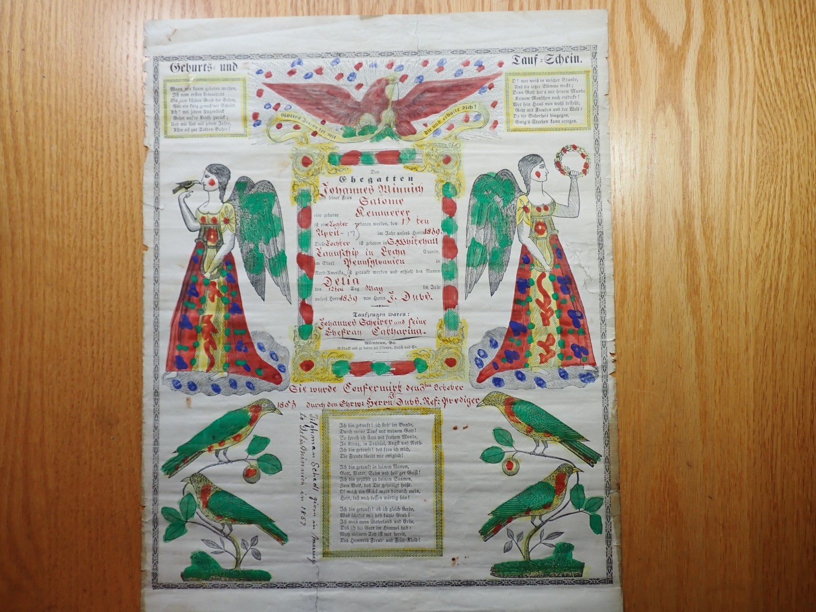 Antique 1839 Allentown Pennsylvania Folk Art Baptism Record Minnich & Kemmerer Antique 1839 Allentown Pennsylvania Folk Art Baptism Record Minnich & Kemmerer