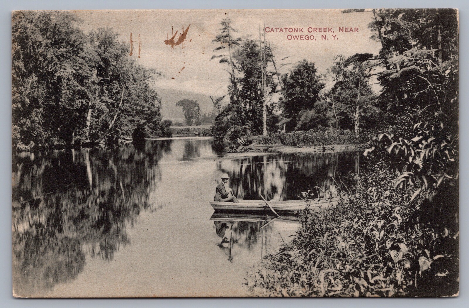 Man Boating Catatonk Creek Near Owego NY Tioga County 1909 Postcard K8