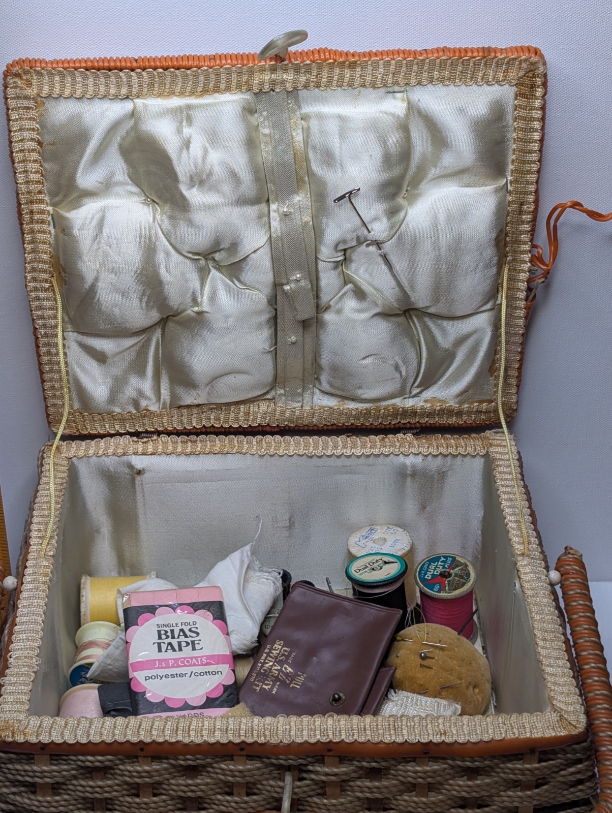 Vintage Woven Sewing Basket Box Taiwan Woolworth Craft Storage w Supplies