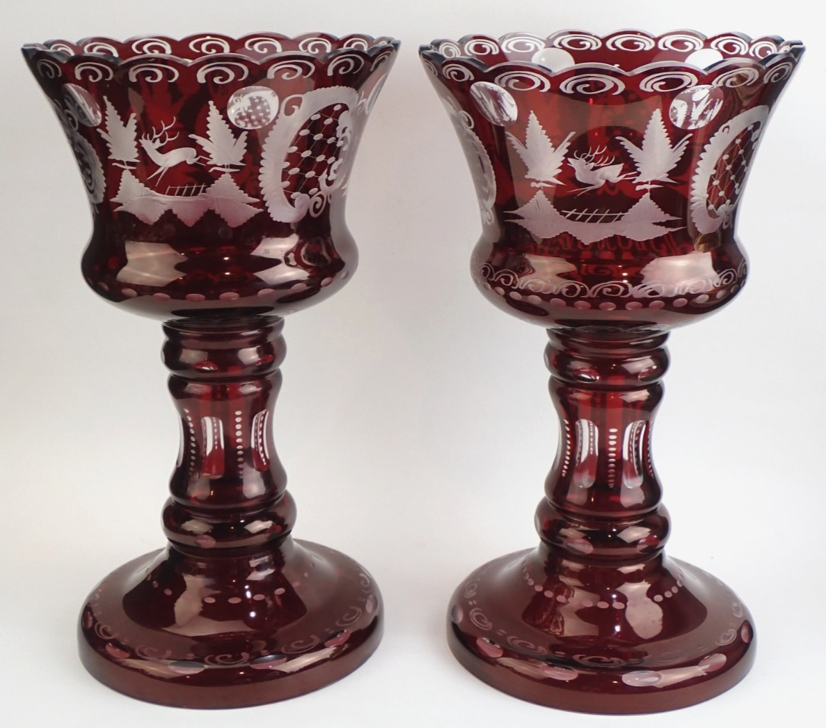 PAIR Egermann Bohemia Ruby Red Cut to Clear Etch Stag 12\ PAIR Egermann Bohemia Ruby Red Cut to Clear Etch Stag 12\