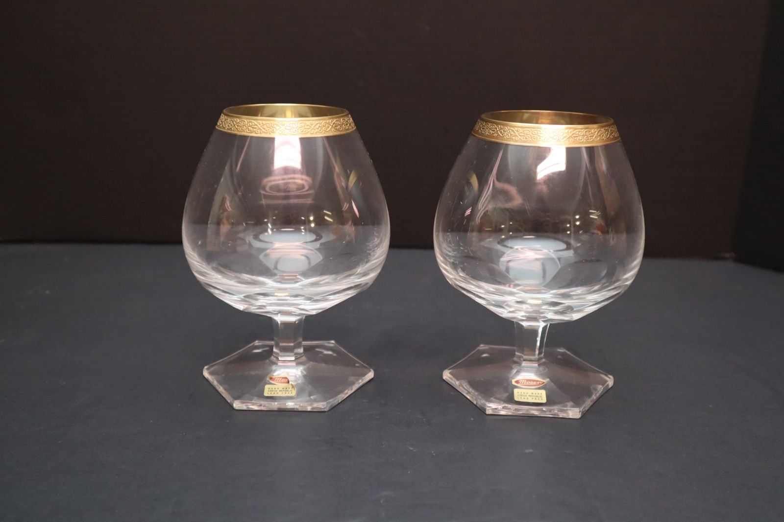 RARE Moser Adela Melikoff  Set of 2 Brandy Snifters Glasses Goblets W LABELS