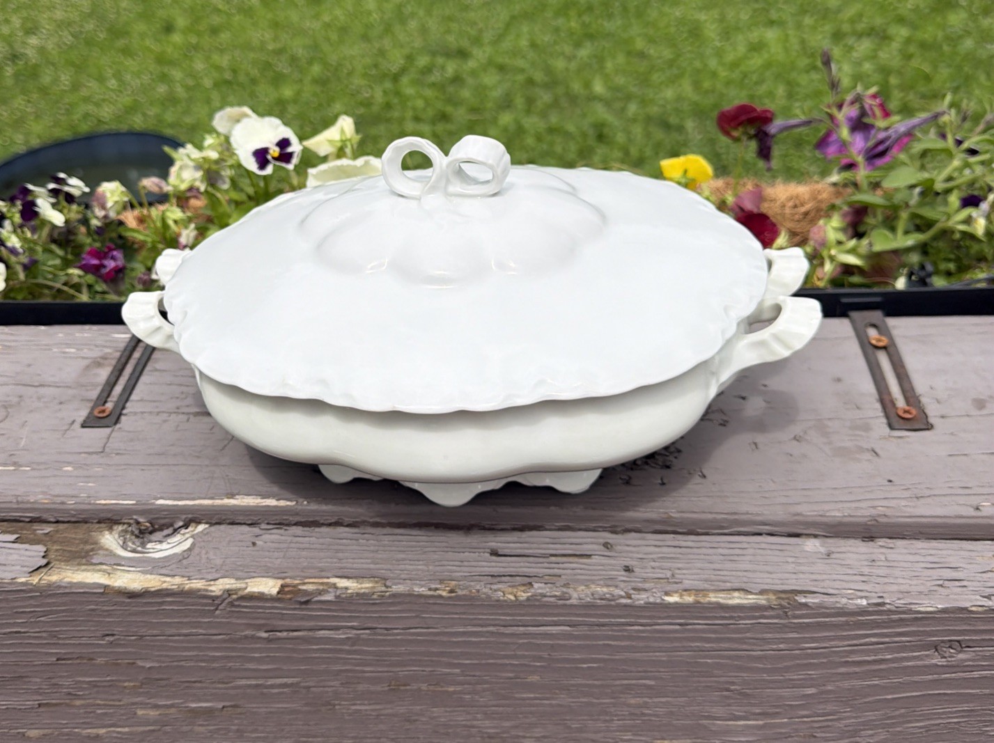 Antique Habsburg Austria Covered Vegetable Tureen White China Bow Finial