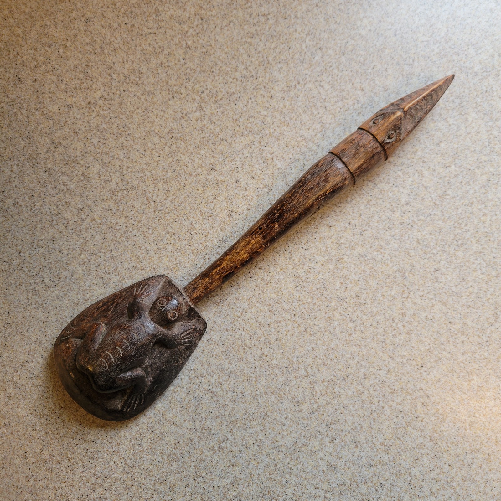 Old Carved Wood Rice Sheaf Paddle Panaptapan Frog Bird Figures Lombok Indonesia