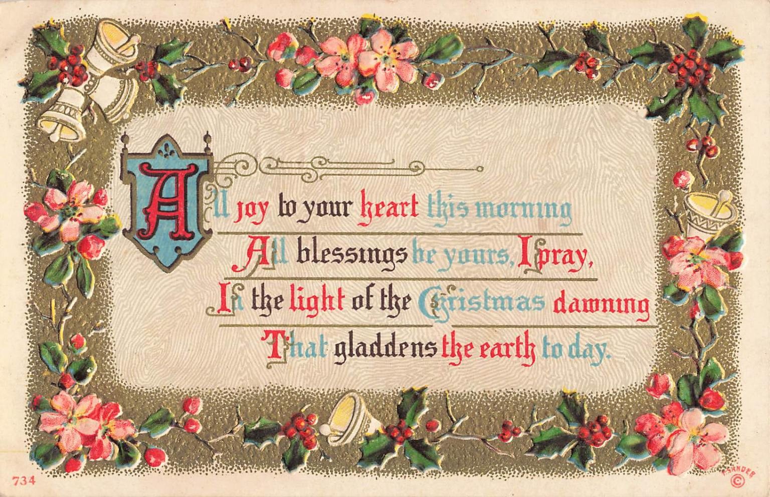 1911 Embossed Christmas Postcard - Holly, Bells, Gilt, Lemay MO Postmark