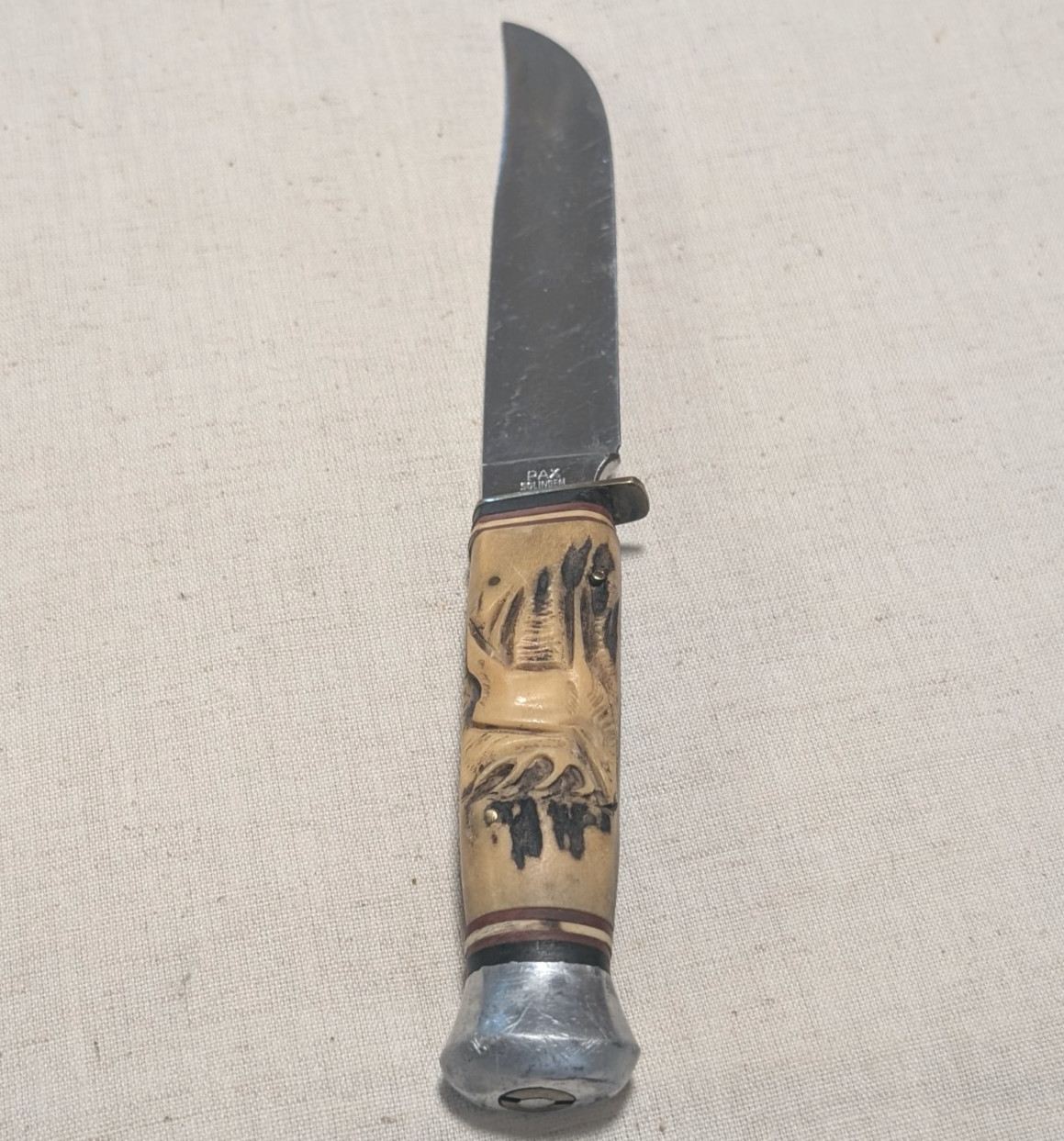 Excellent Vintage PAX Rostfrei Solingen Stag Horn Carbon Steel Carved 8 1/2”