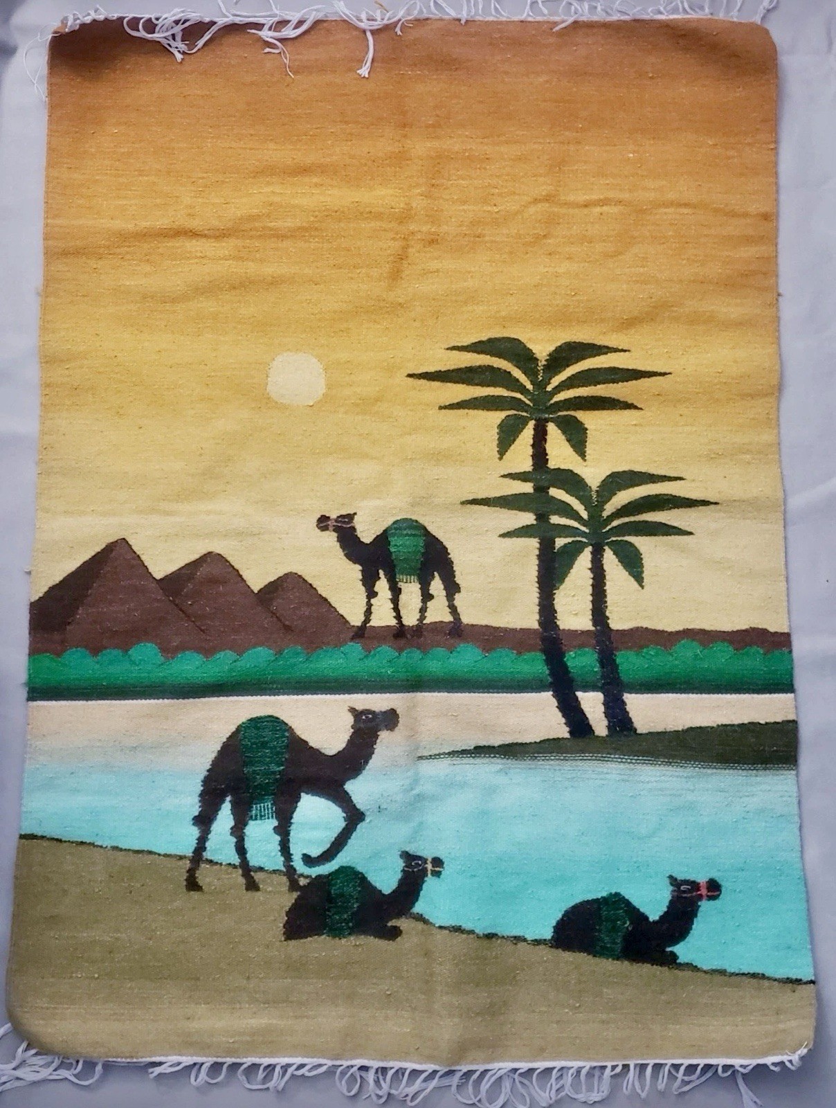 Vintage Egyptian Handwoven Wool Tapestry Wall Hanging Rug Folk Art 47 x 34” Vintage Egyptian Handwoven Wool Tapestry Wall Hanging Rug Folk Art 47 x 34”