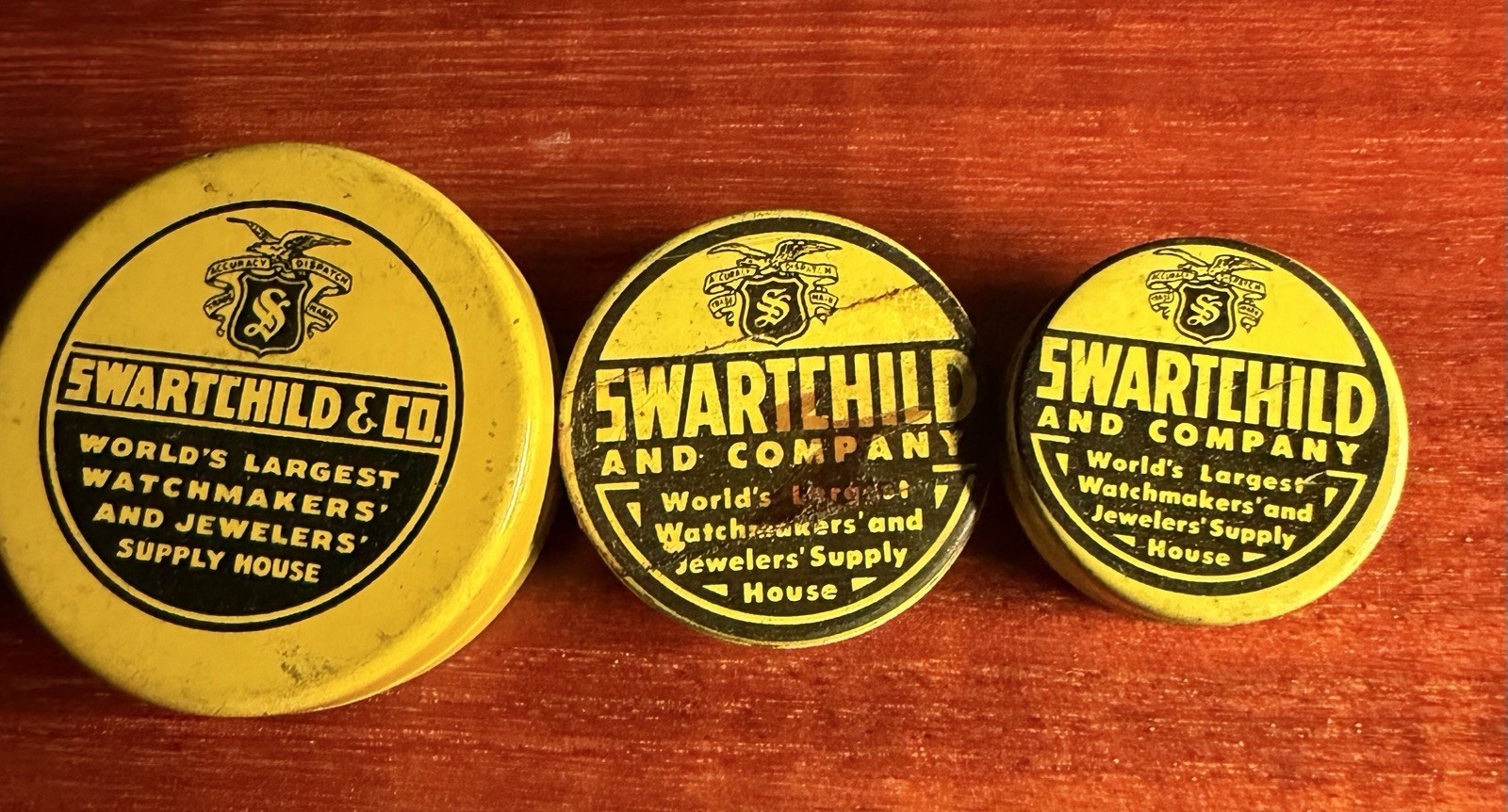 Vintage Swartchild and Company Watchmakers Tin containers 3 pc Size lot