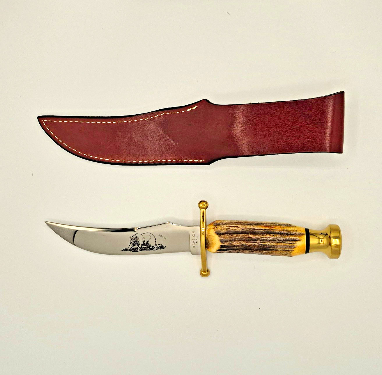Vintage 1990 Case XX Kodiak Hunter Fixed Blade Stag Knife & Tooled Sheath 51116