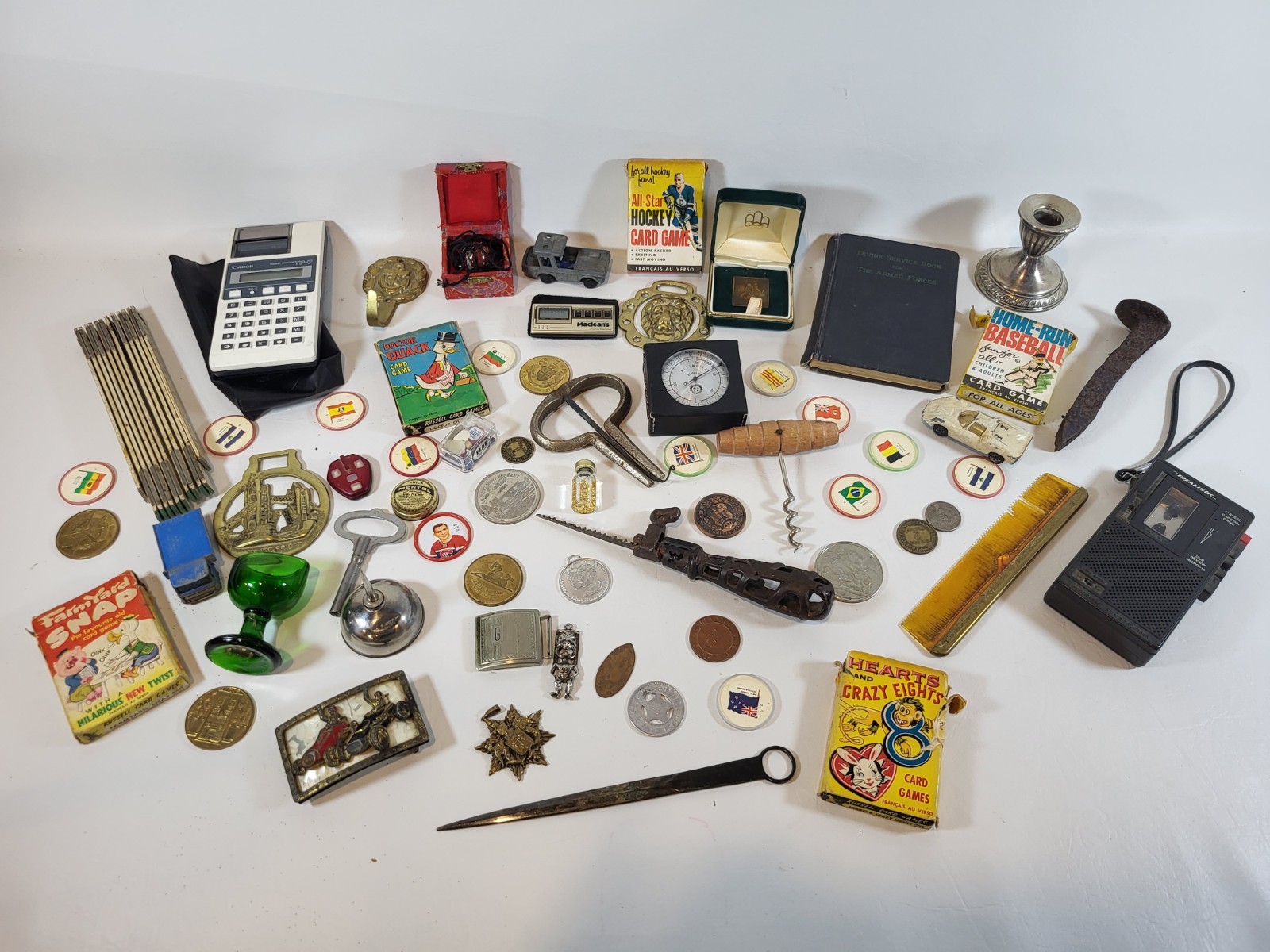 Large 60+ Junk Drawer Lot of Trinkets, Antiques, Cards, Brass & Curiosities +++