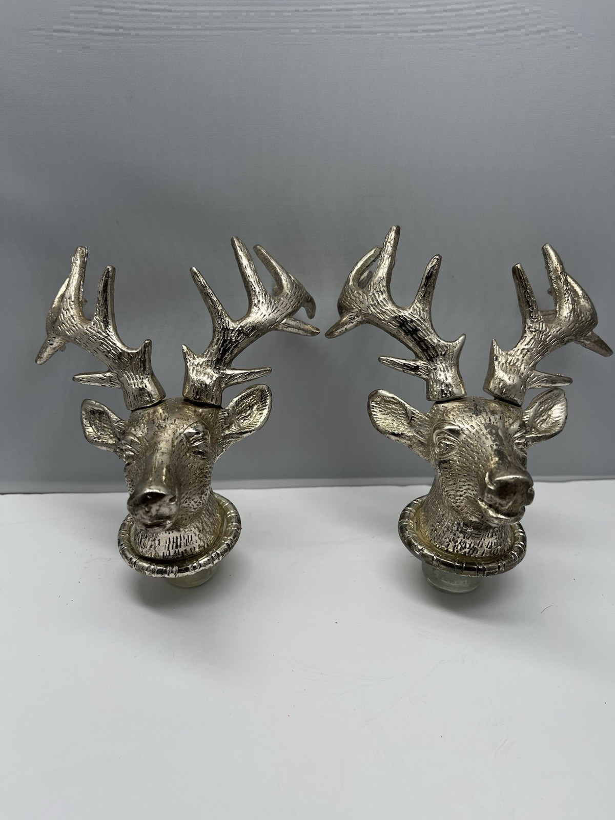 Vintage Silver Tone Deer Stag Head Bottle Stoppers Pair Antler Barware