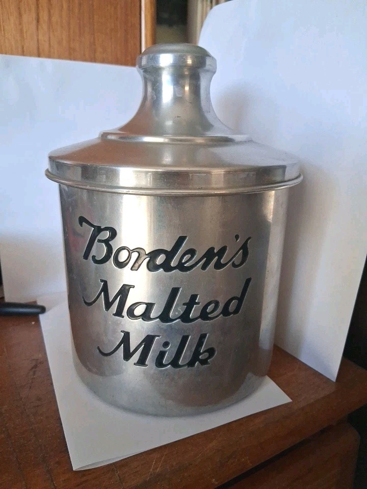 Rare 1930s-40s Aluminum Borden's Malted Milk Soda Fountain Counter Top Container Rare 1930s-40s Aluminum Borden's Malted Milk Soda Fountain Counter Top Container