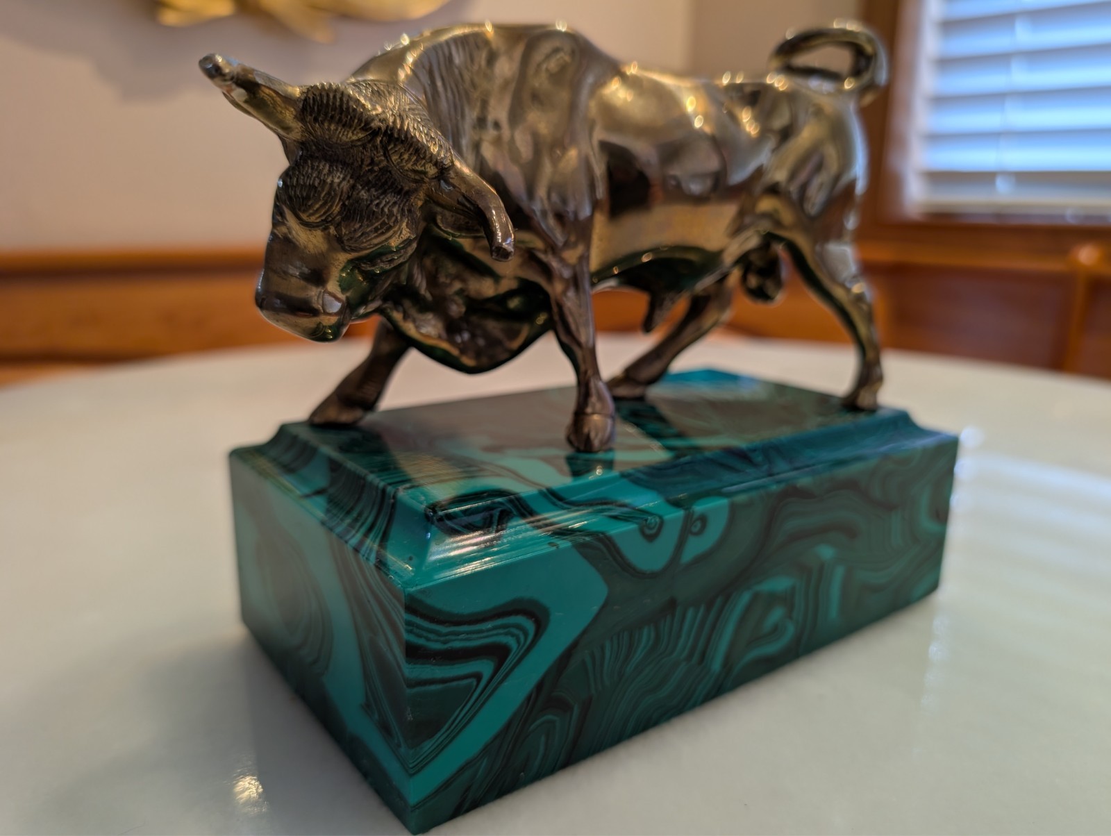 Polished Brass Bull on Faux Malachite Base