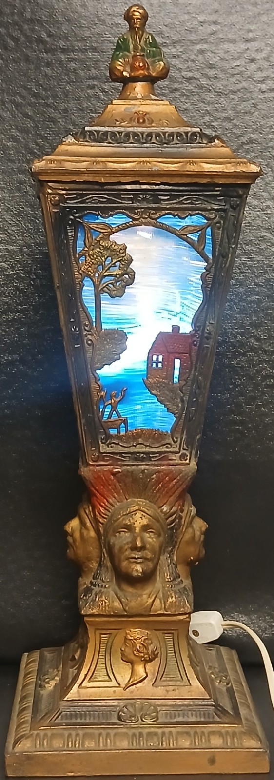 Antique Art Deco Slab Glass American Indian Chief Portrait Table Lamp Antique Art Deco Slab Glass American Indian Chief Portrait Table Lamp