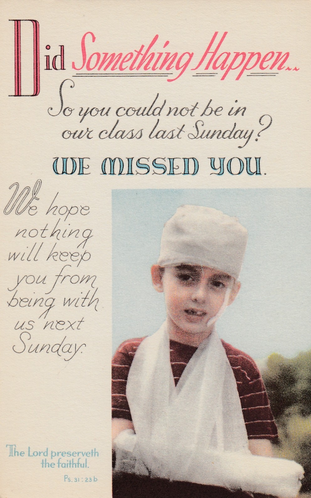 Vintage Postcard  Religion Sunday School We Missed You Boy with Cast Unposted