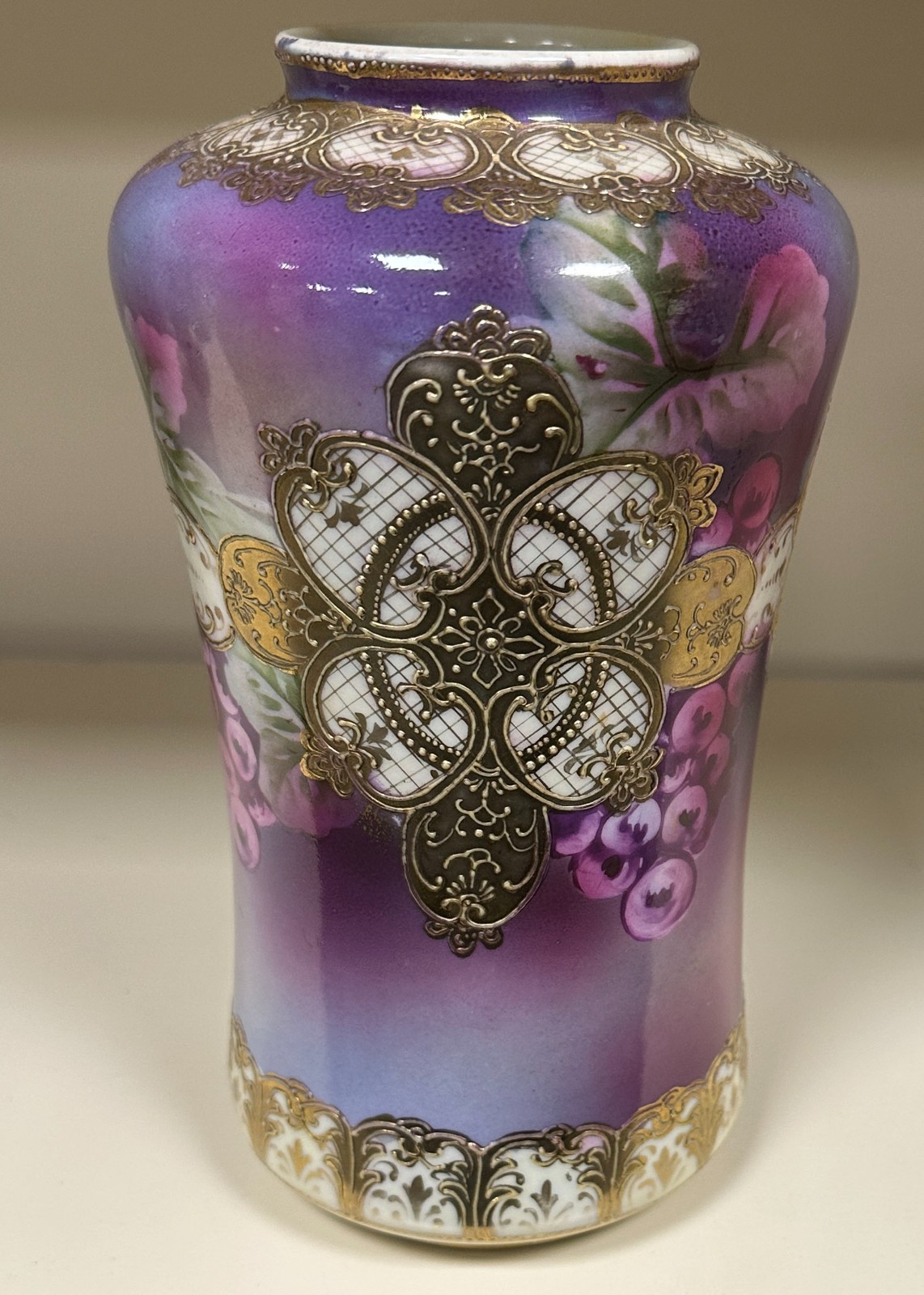Vintage Japanese Nippon Hand-Painted Purple Vase w/ Embossed Gold Overlay