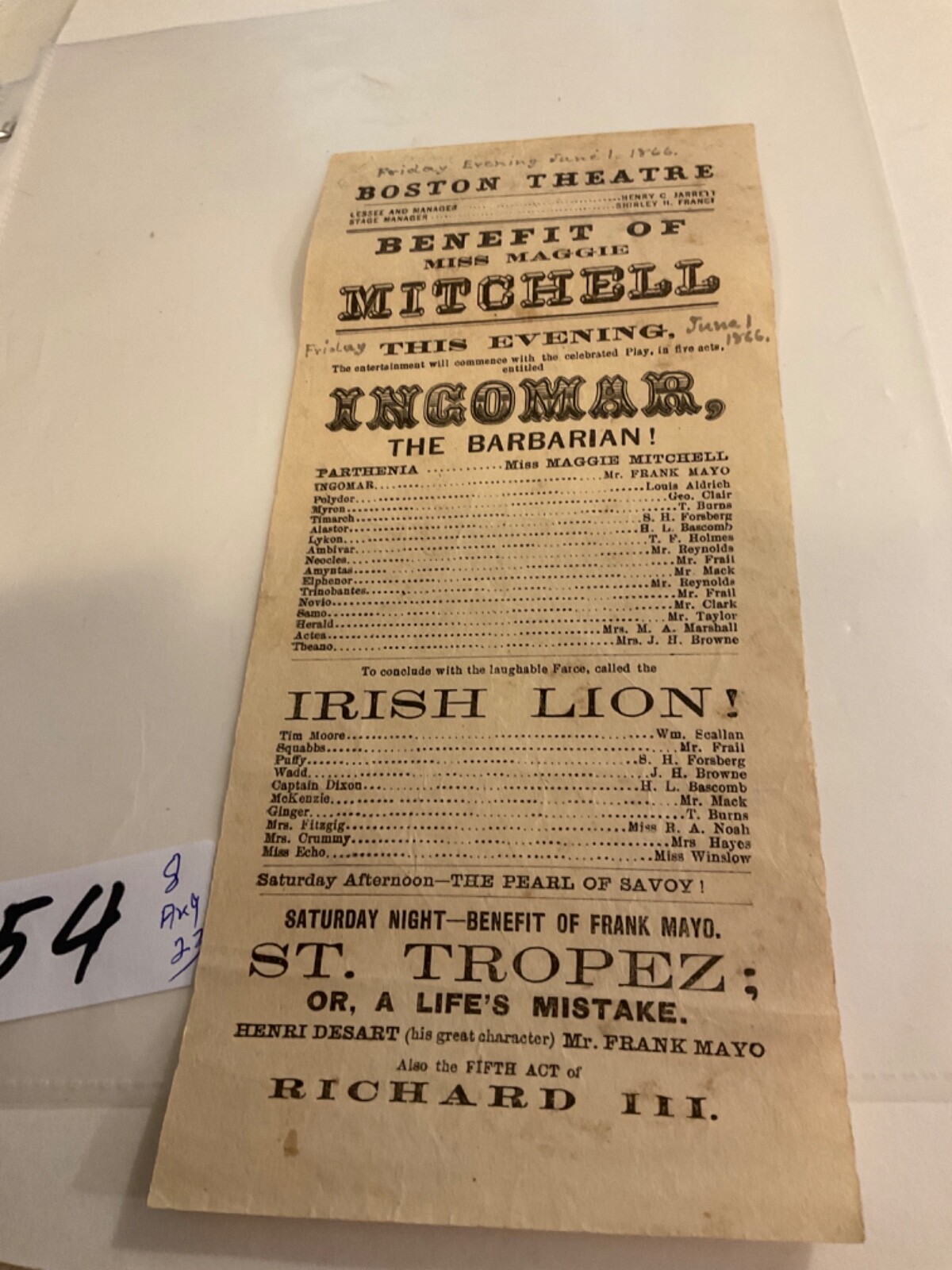 1354 ACTRESS  MAGGIE MITCHELL BROADSIDE BOOTH TEA WITH/LINCOLN SOUTH SYMPATHIES