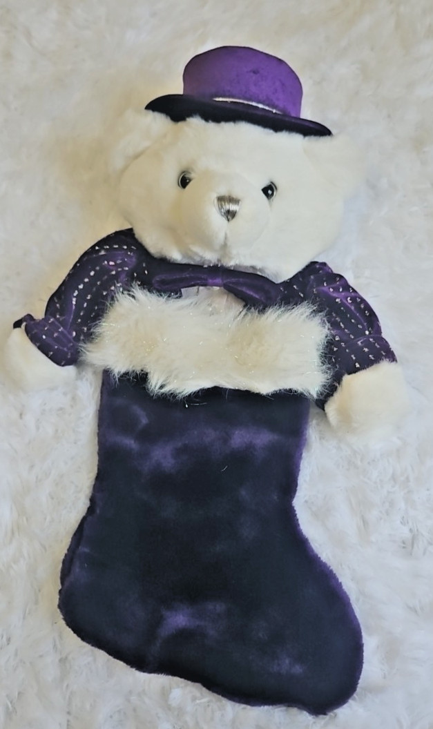 Vtg Dan Dee Bear Plush 3D Boy Hat Christmas Stocking Purple Vtg Dan Dee Bear Plush 3D Boy Hat Christmas Stocking Purple