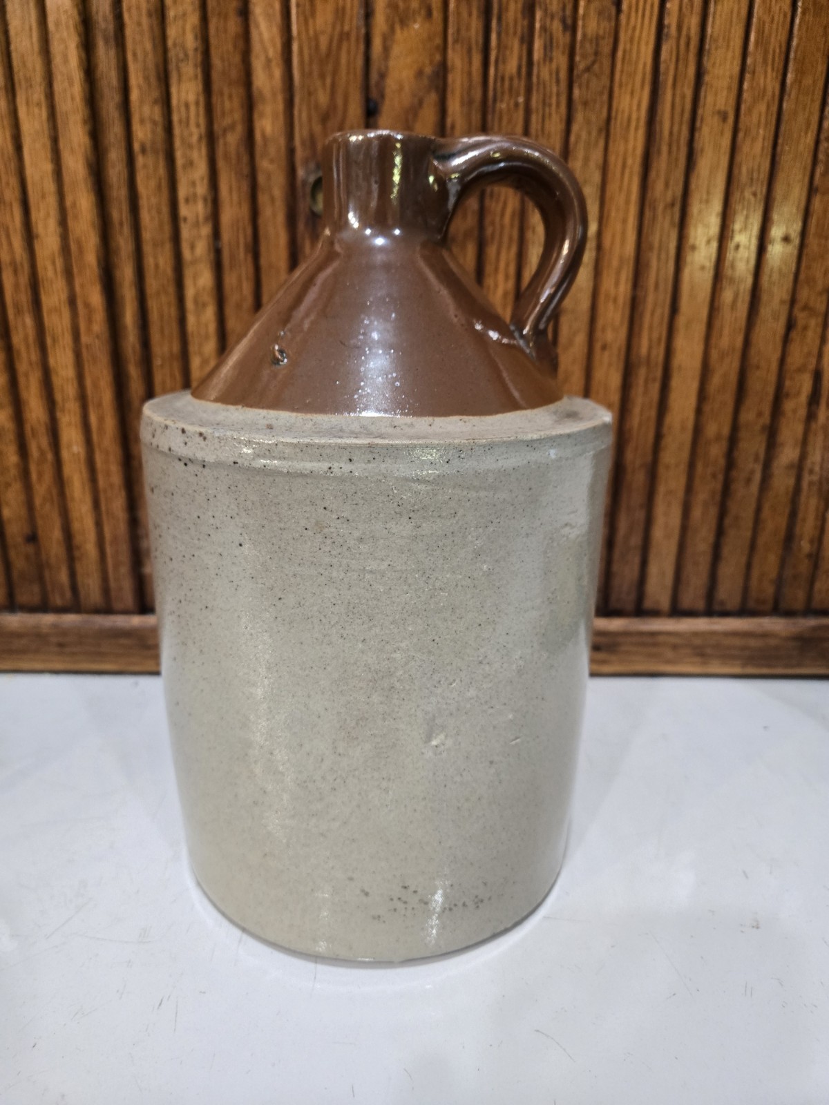 VTG R.C.P. CO-AKRON, OH-Two tone -Whiskey Stoneware Jug -1/2 Gal-10\'\' T-5 1/2\'R