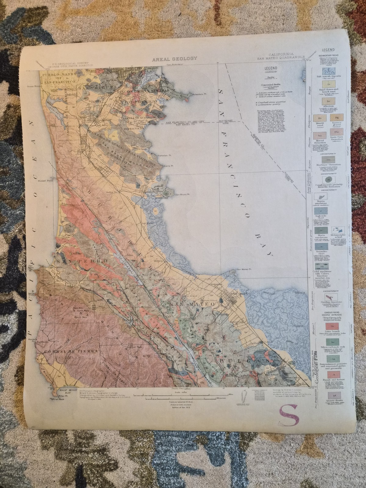 USGS 1913 San Mateo Quadrangle Geology Map San Francisco Bay California Antique