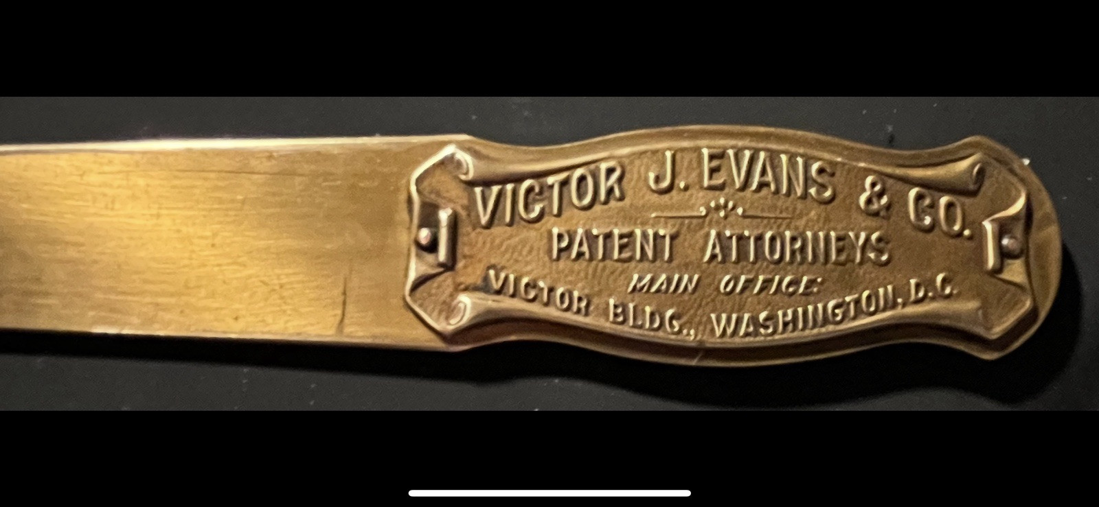 Vintage Victor J. Evans Patent Attorney Bronze Letter Opener Washington DC