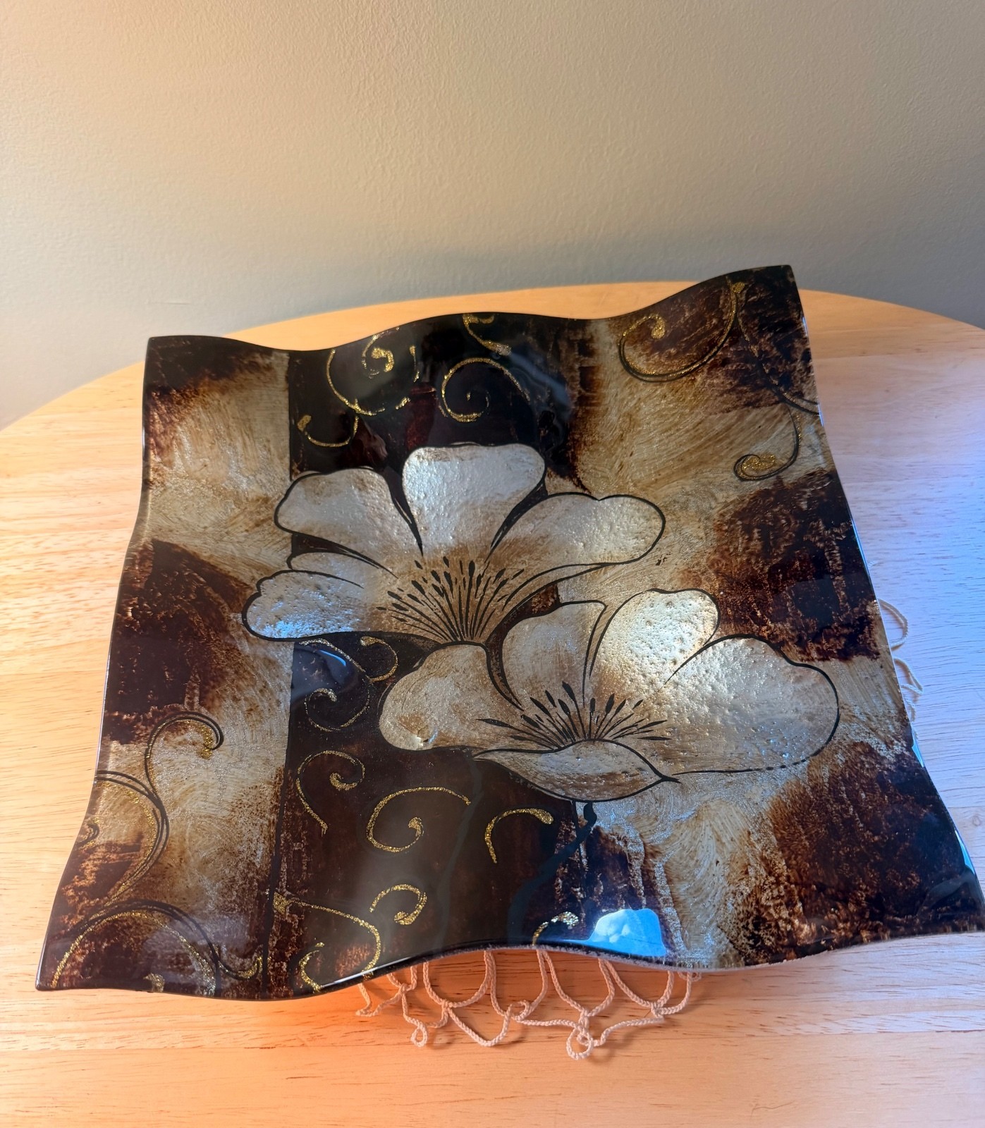 Decorative Square Glass Plate with Floral Design