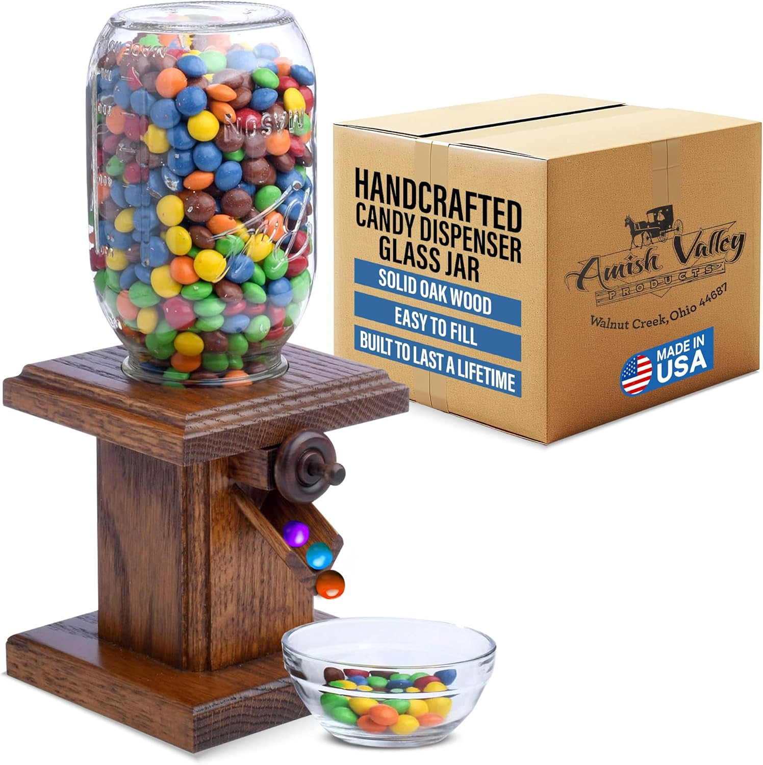 Handcrafted Amish Wooden Candy Dispenser Glass Jar Solid Oak Wood M&M\'S, Peanuts Handcrafted Amish Wooden Candy Dispenser Glass Jar Solid Oak Wood M&M\'S, Peanuts
