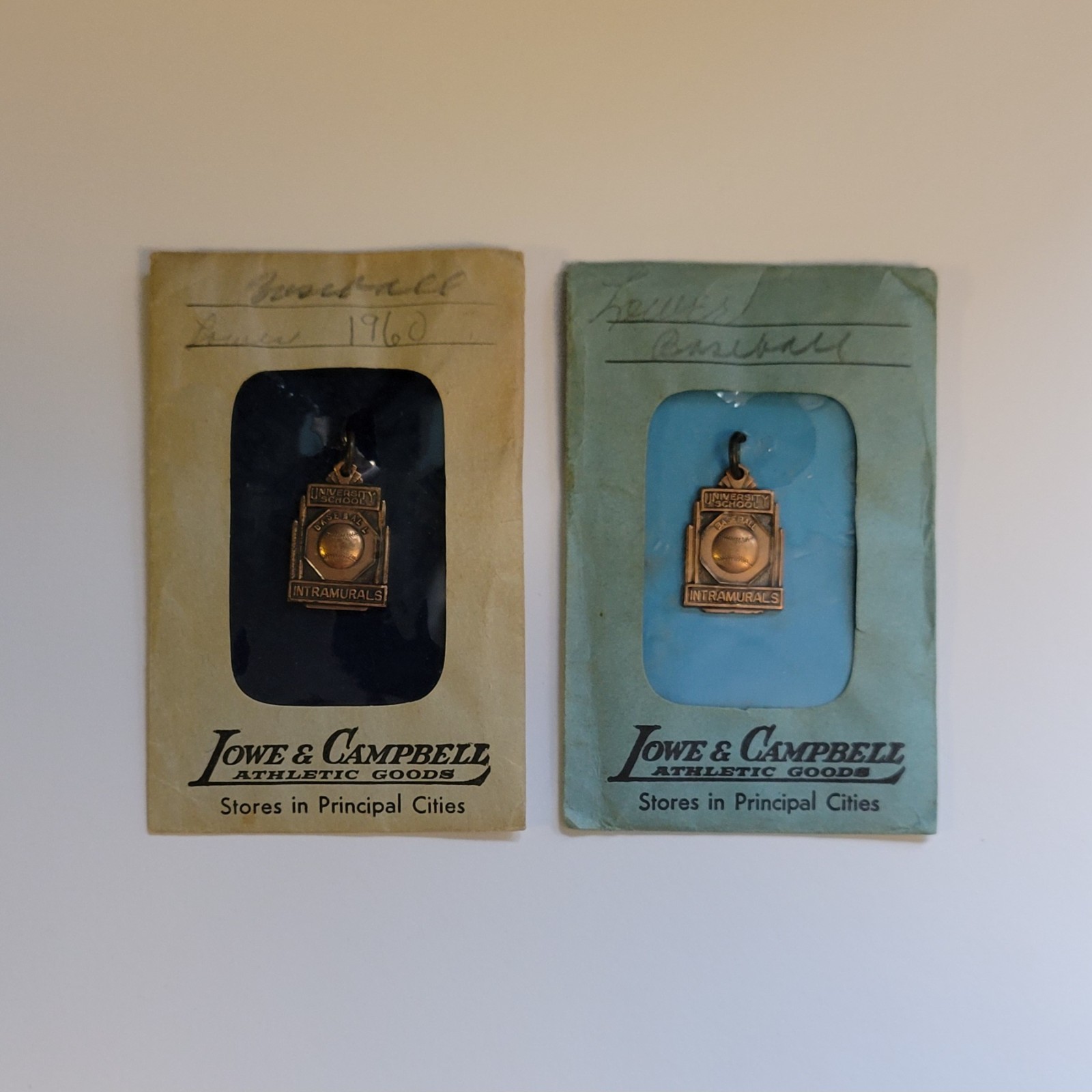 2 University College Baseball Intramurals Pendants Medals 1960 Lowe & Campbell