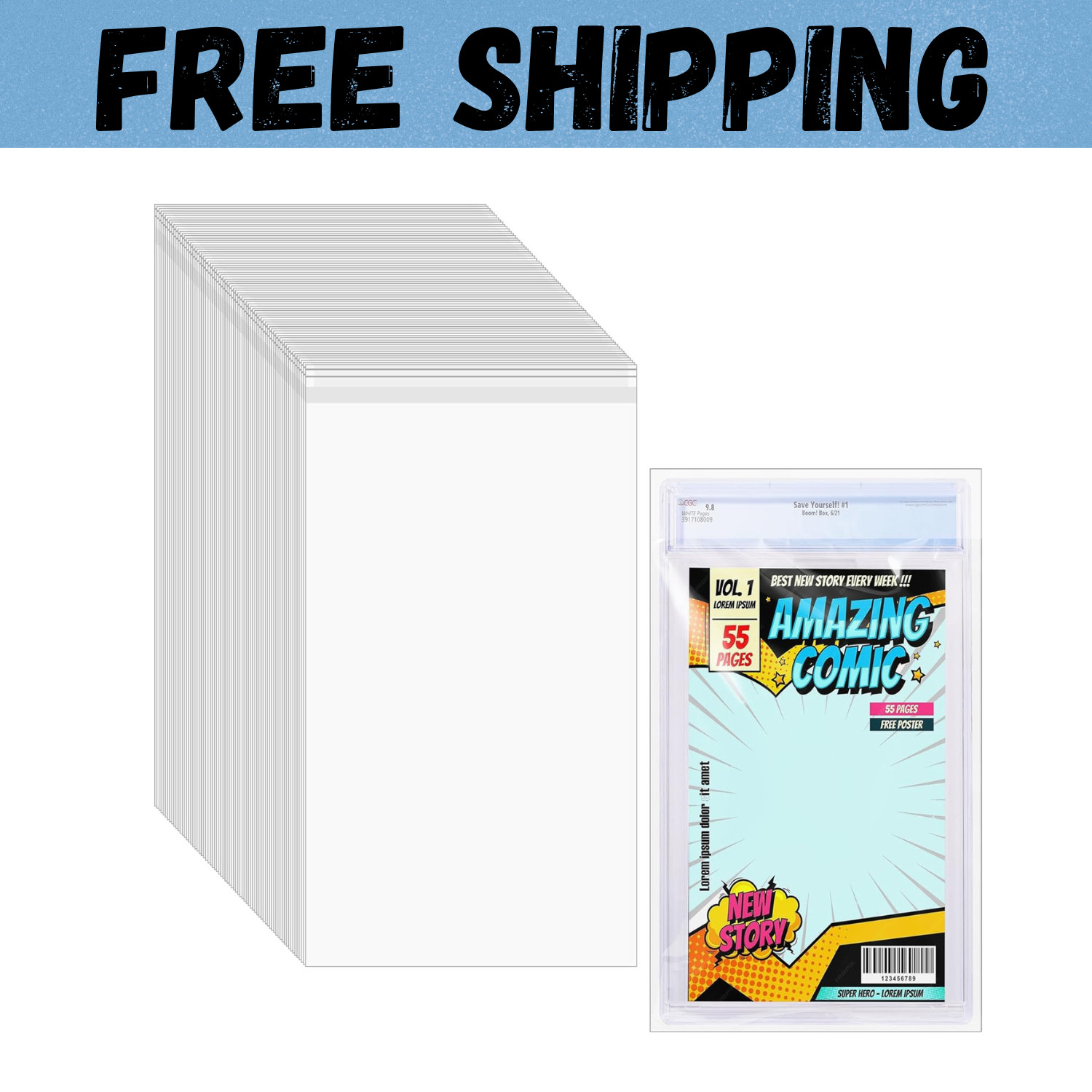 50 Pcs Resealable Graded Comic Book Bags,Clear Plastic Comic Sleeves for CGC and 50 Pcs Resealable Graded Comic Book Bags,Clear Plastic Comic Sleeves for CGC and