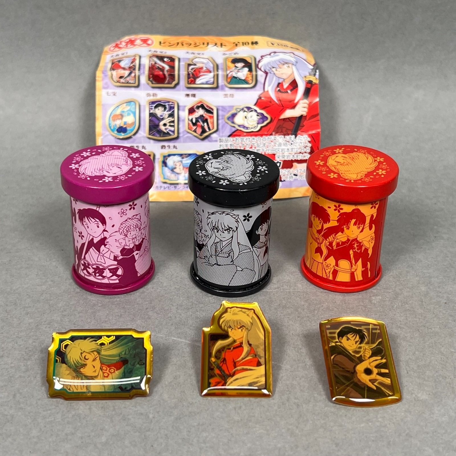 Set 3 VTG Inuyasha Pin Badges w/ Metal Tins Sesshomaru Miroku 2000 Seika Japan