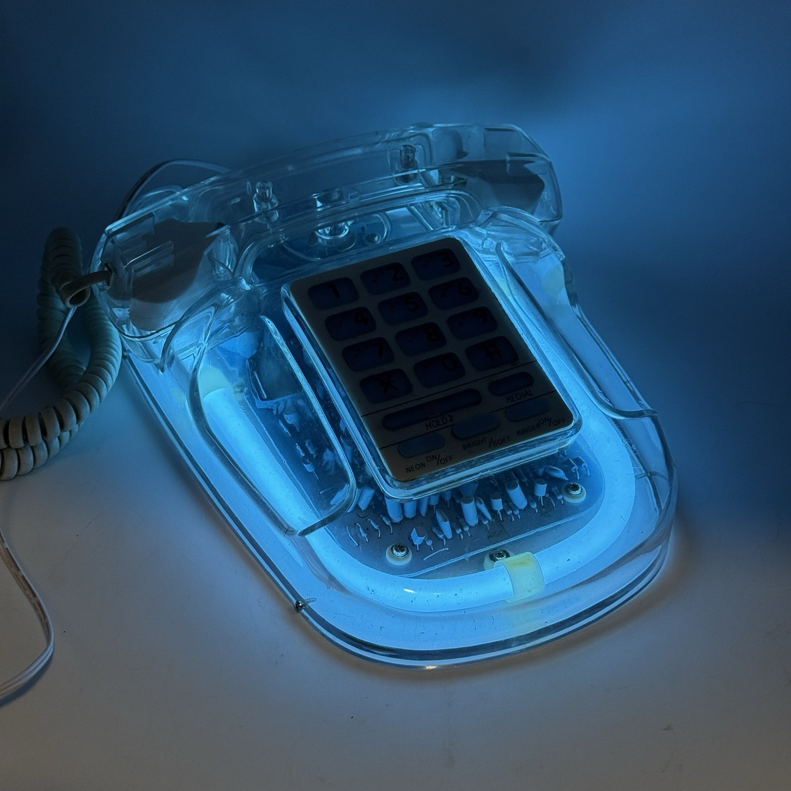 Neon Blue Push Button Phone 1980s ROXANNE 9221-8 Clear Lucite Light Up VTG Works