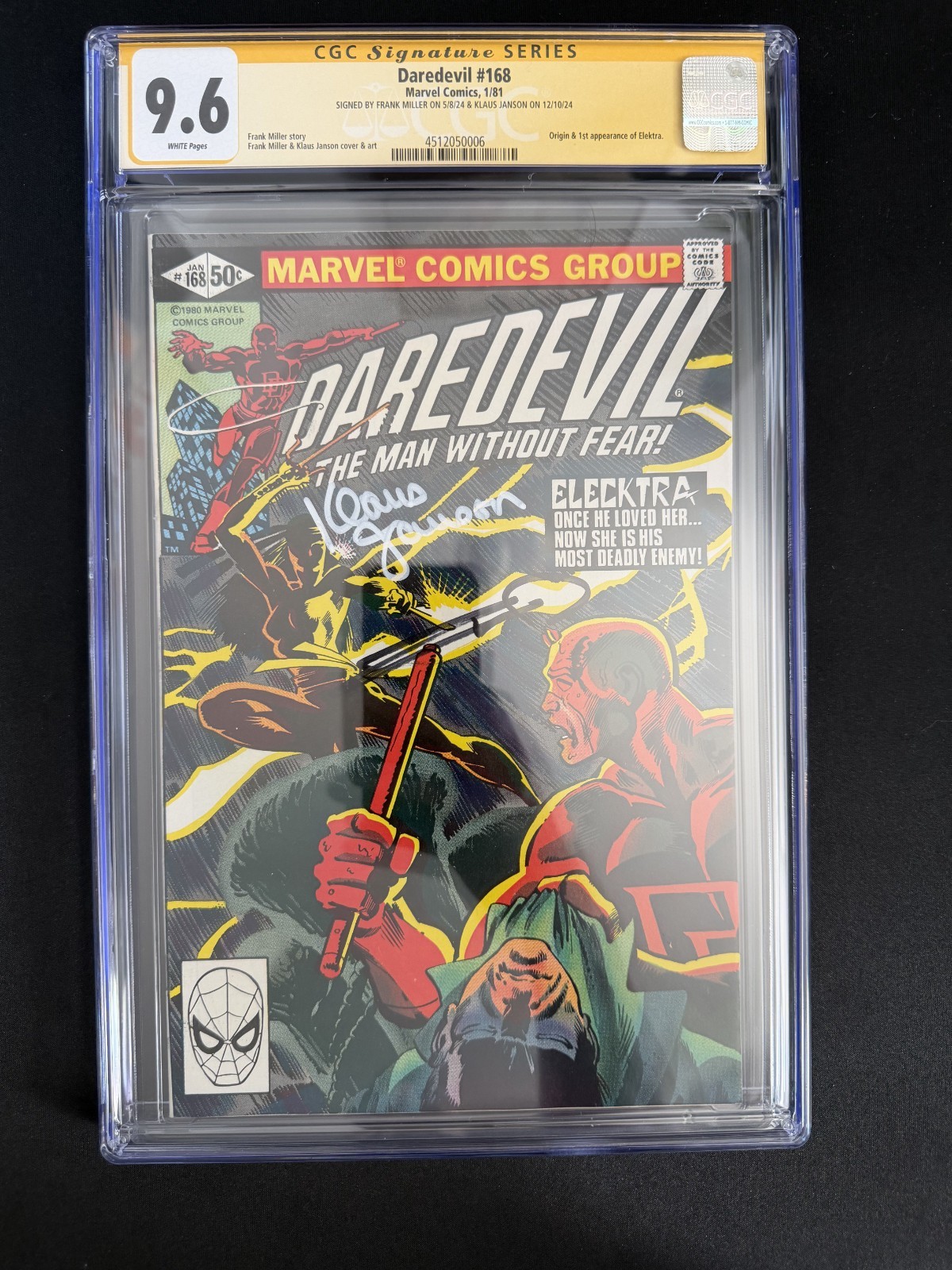 Daredevil 168 9.6 CGC signed by Klaus Janson and Frank Miller 1st Elektra - Key