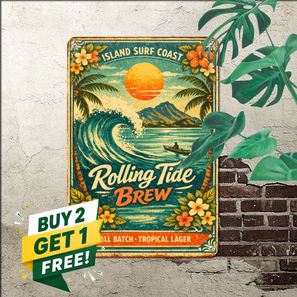 Island Surfing Craft Beer Coastal Tavern Bar Decor Metal Tin Sign Plaque