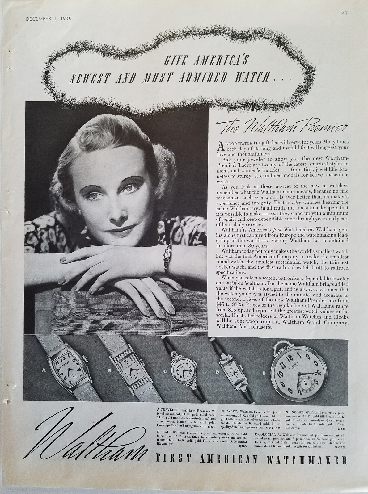 1936 Waltham Premier first American watchmaker women\'s wrist pocket watch ad