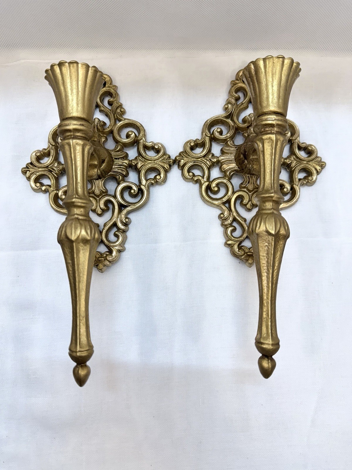 Pair Vintage Ornate Gold Wall Sconces 10.5” Baroque Rococo Hollywood Regency