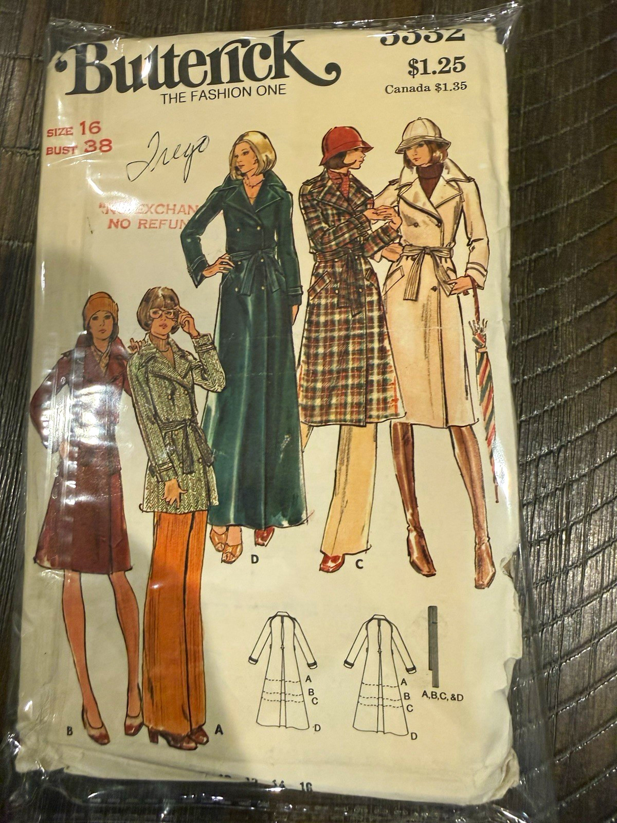 Vintage Butterick Misses' Coat Sewing Pattern 3332 Size 16 Bust 38