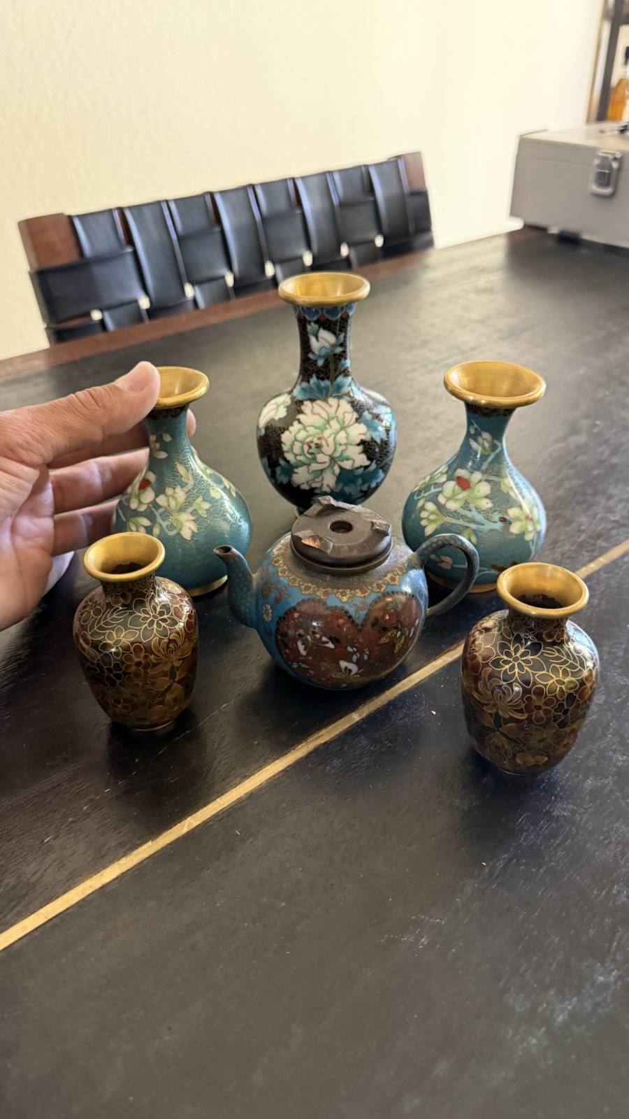 6pc Vintage Chinese Cloisonné Collection -Miniature Vases & Teapot - Handcrafted
