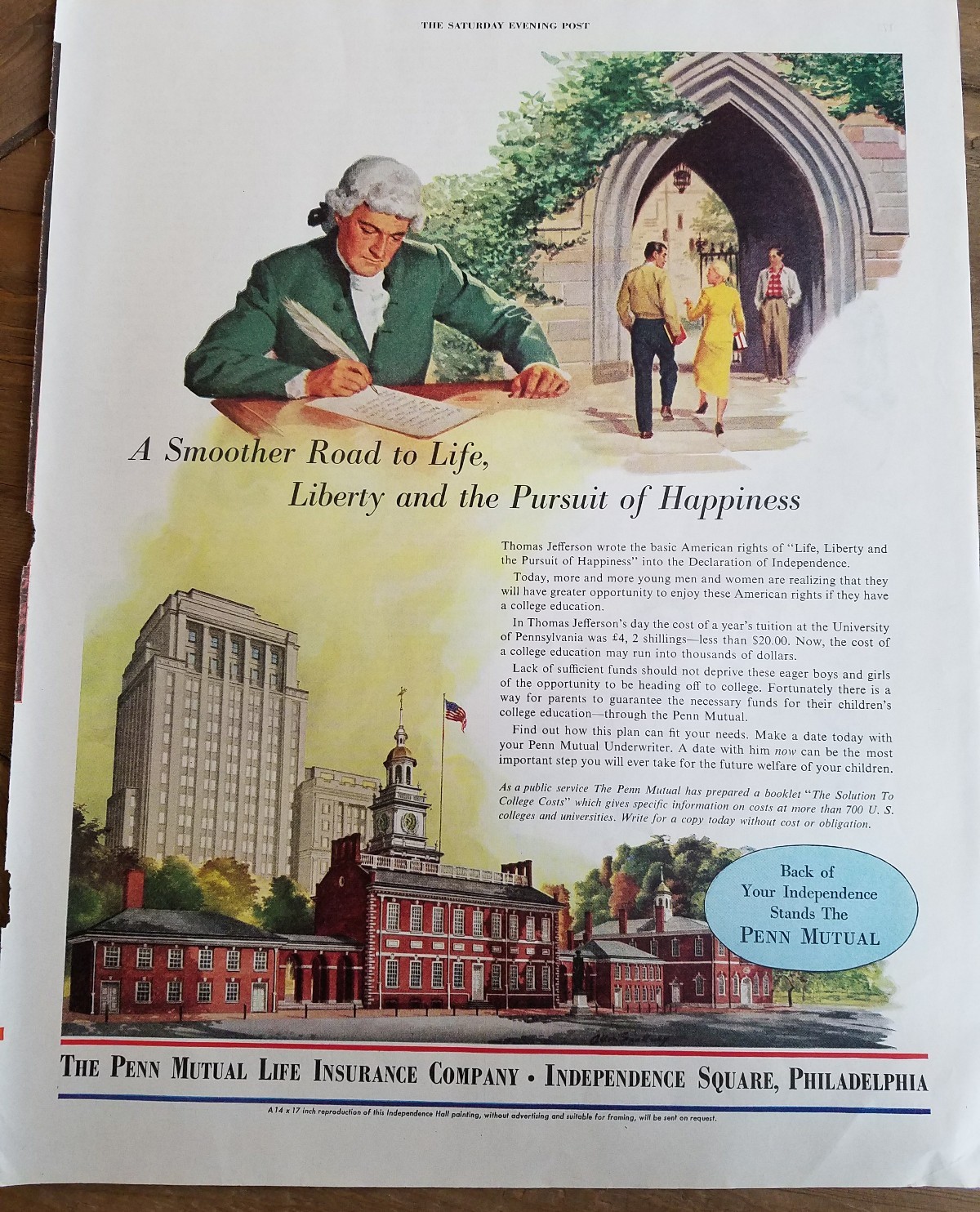 1952 Penn Mutual Life Insurance Company Thomas Jefferson Pursuit happiness ad