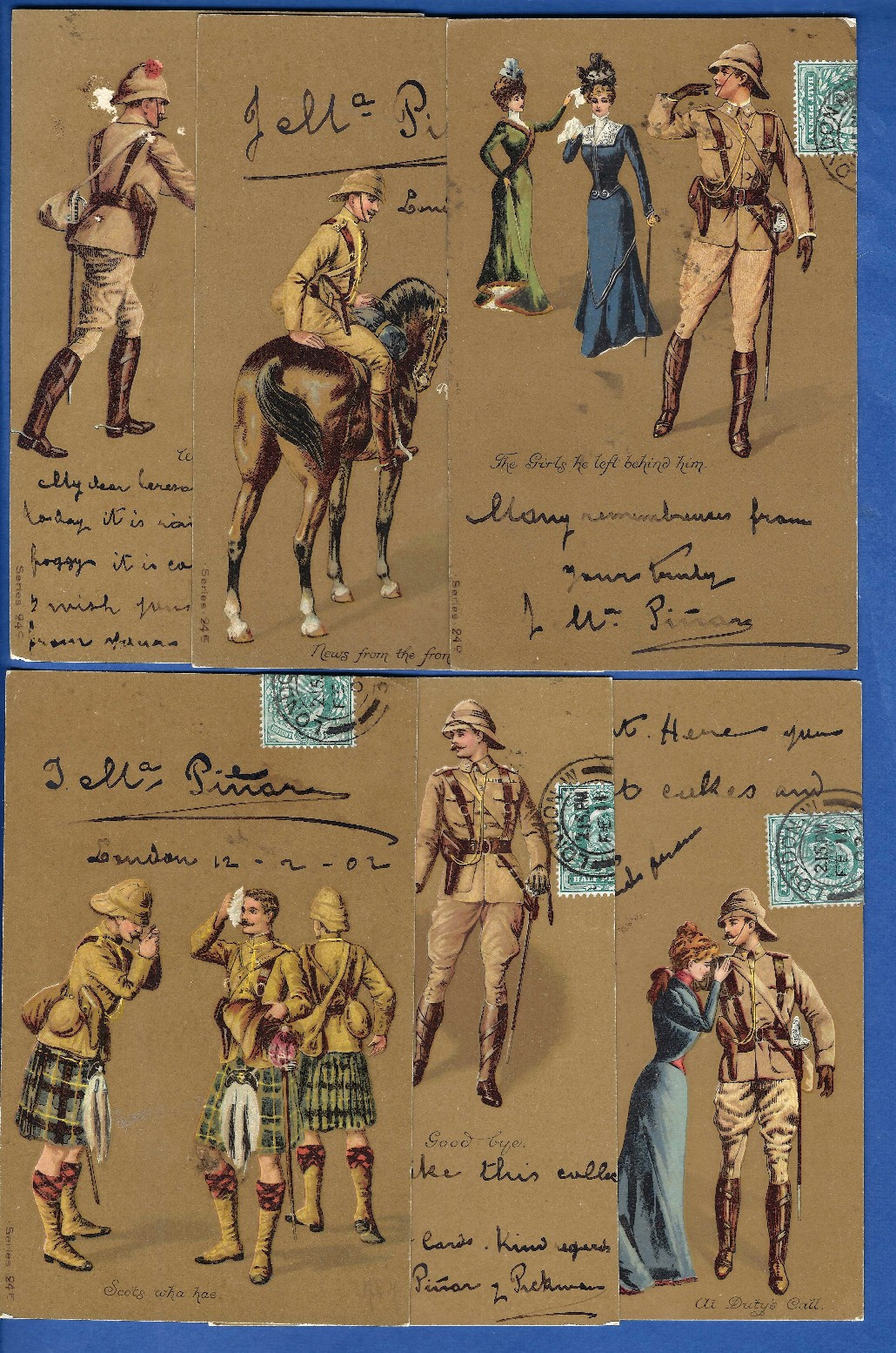set of 6 old patriotic postcards, Boer War, British and Scotish soldiers, 1902 set of 6 old patriotic postcards, Boer War, British and Scotish soldiers, 1902