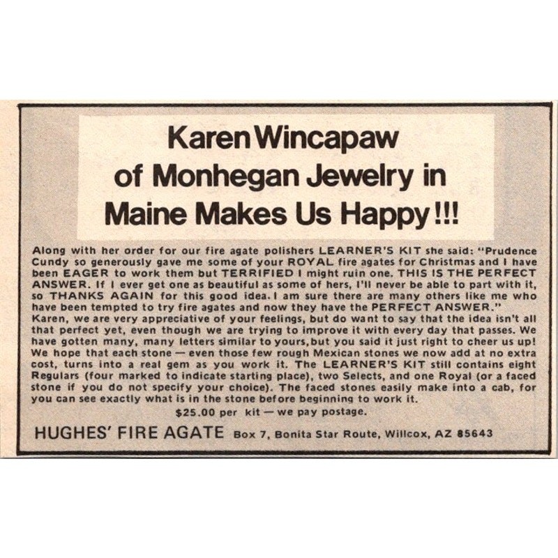 Hughes' Fire Agate Karen Wincapaw of Monhegan Jewelry Willcox AZ 1977 Ad SAI6-1