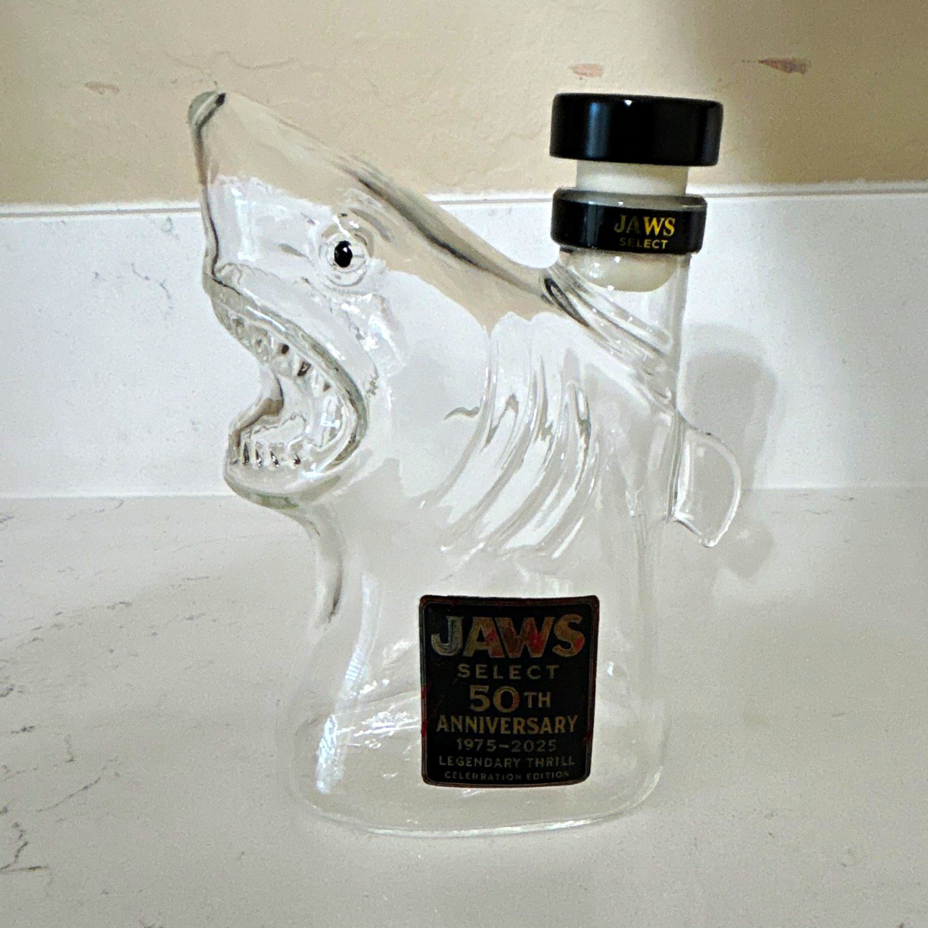 JAWS Select 50th Anniversary 1975-2025 Shark Glass Bottle Decanter Collectible JAWS Select 50th Anniversary 1975-2025 Shark Glass Bottle Decanter Collectible