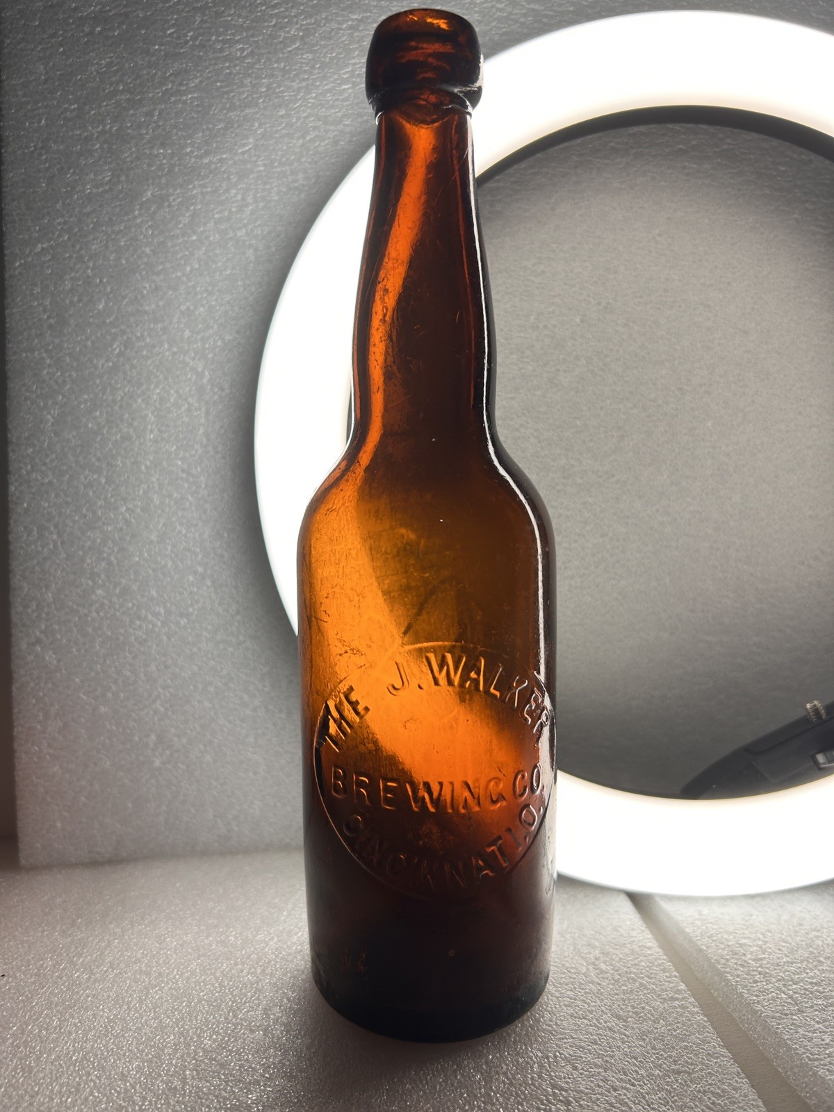 J. Walker Brewing Co Cincinnati OH Amber Blob Top Beer Bottle c1880s-1890s