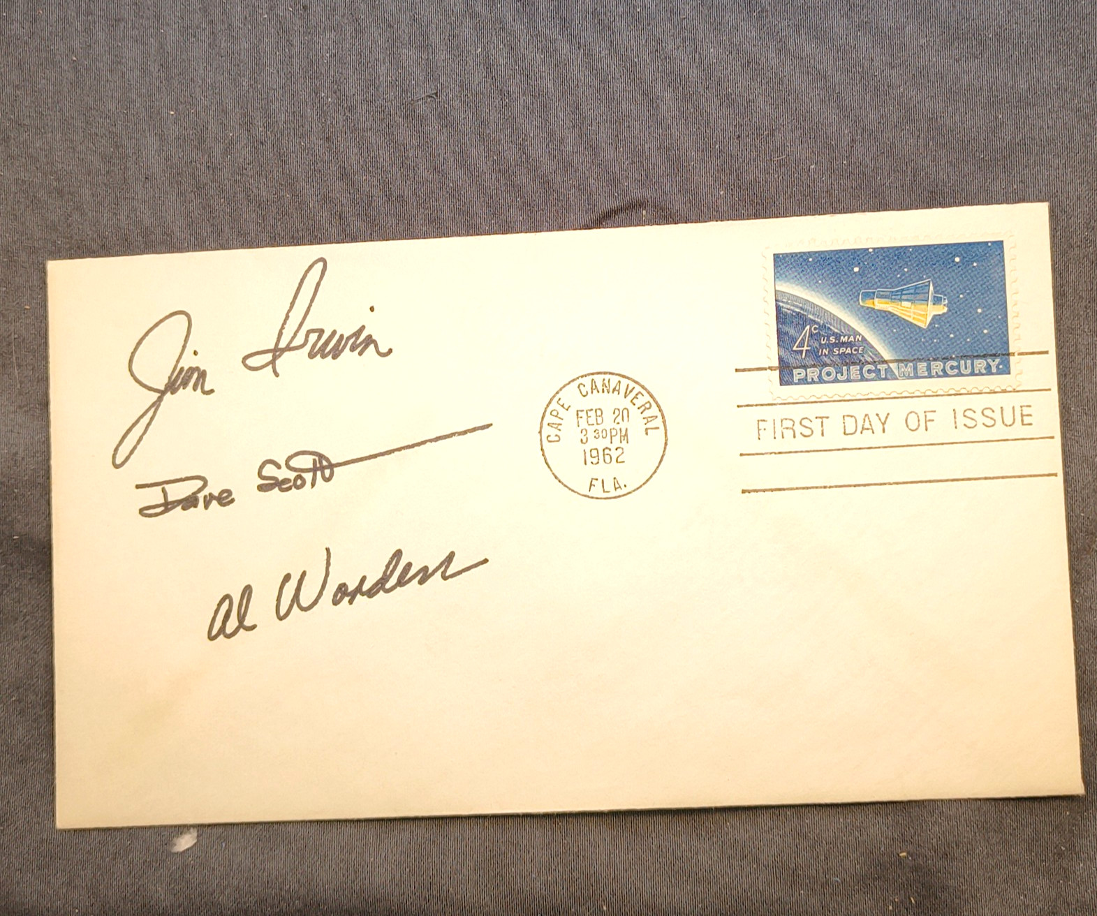 Apollo 15 Crew Signed 1962 Project Mercury FDC Jim Irwin Dave Scott Al Worden
