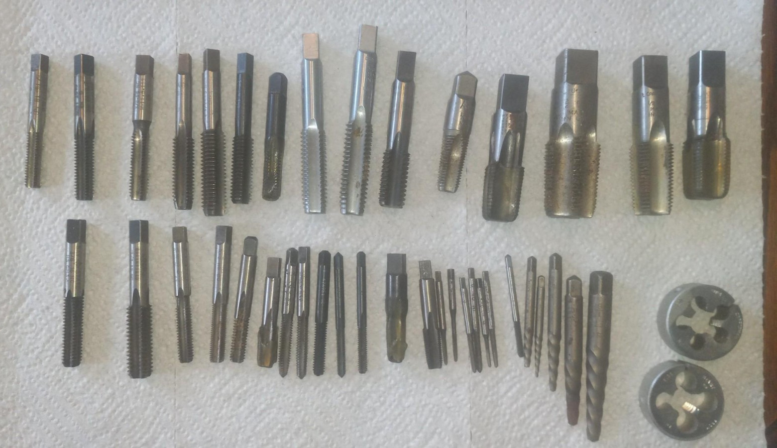 42 Pc Vintage Taps Dies Screw Extractors Lot Craftsman USA + Emerson Cigar Box