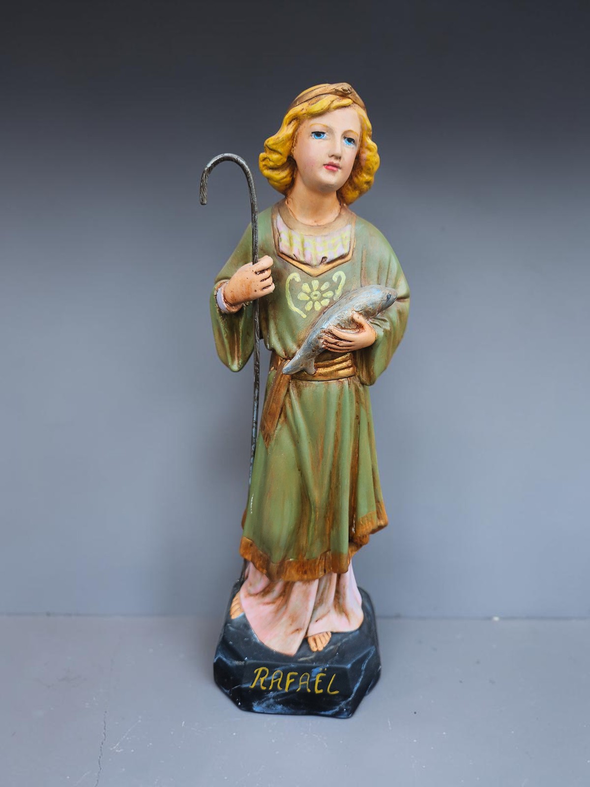 Vintage Saint Archangel Raphael with fish statue figurine religious art