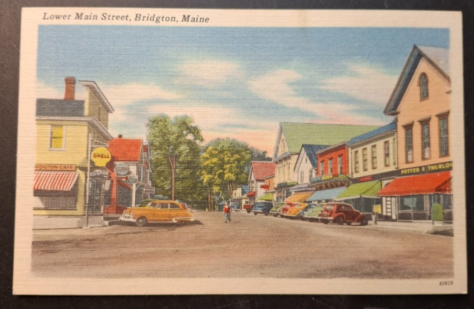 Bridgton Maine Lower Main St Potter & Thurlow bldg Postcard Circa 1940s
